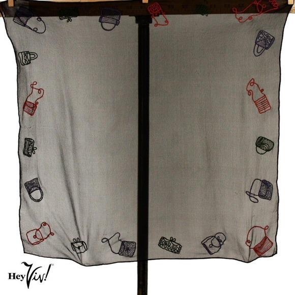 Vintage Sheer Black Scarf w Red Blue Embroidered Purse Design 19x19" - Hey Viv - Picture 1 of 5